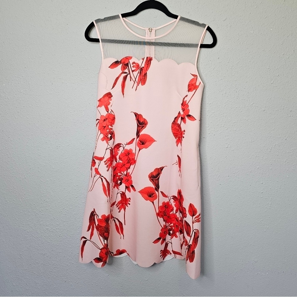 Ted Baker London Pink Red Floral Scalloped Mesh Yoke Shift Dress Size 1 US 4 NEW